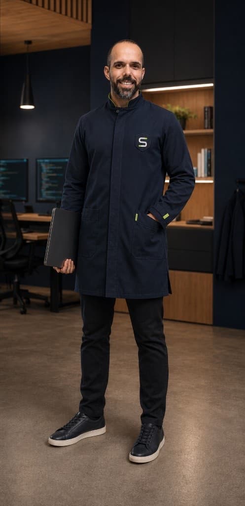 Darley Passarin, fundador da Clínica do Software, de jaleco no ambiente da clínica, com um laptop na mão